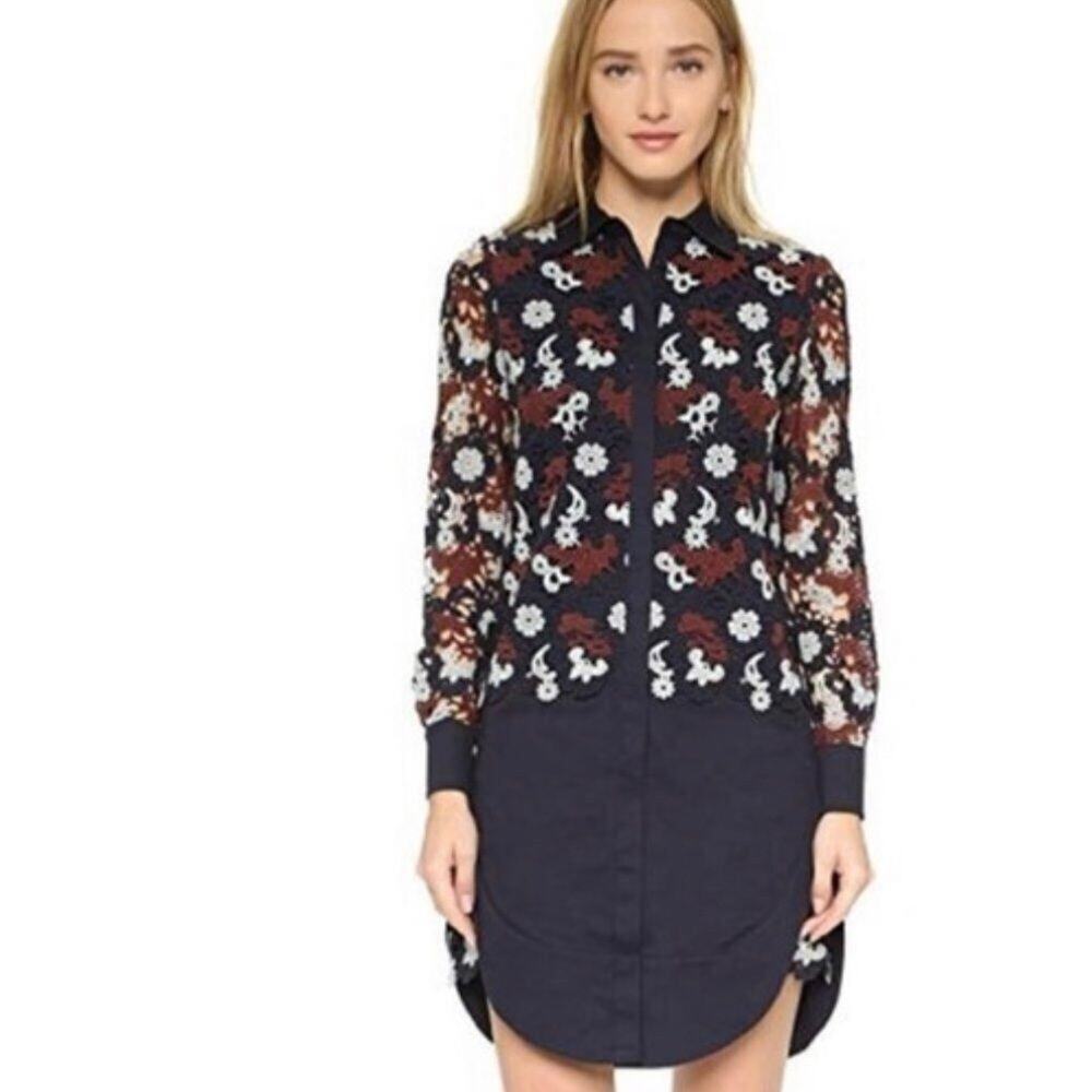 TORY BURCH‎ NWOT BLUE GUIPURE LACE STRETCH COTTON SHIRT DRESS SIZE 2